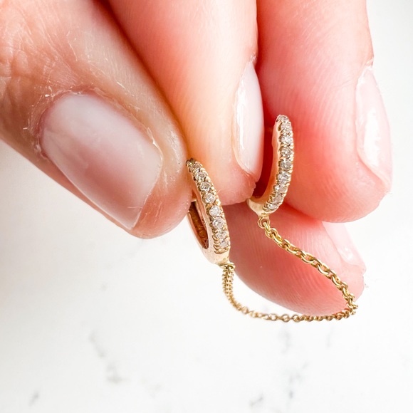 Double Piercing Diamond Huggie with Chain in 14K Yellow Gold - Picture 3 of 8